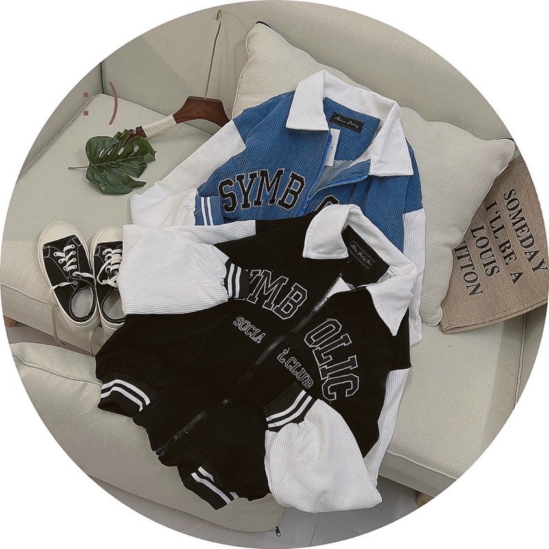 Áo khoác nhung tăm thêu chữ hai lớp tay trắng