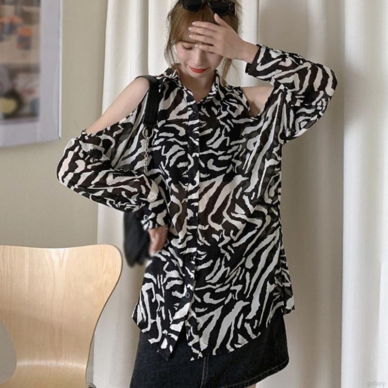 Áo Trễ Vai Tay Dài Hoạ Tiết Da Báo Kiểu Hàn Quốc