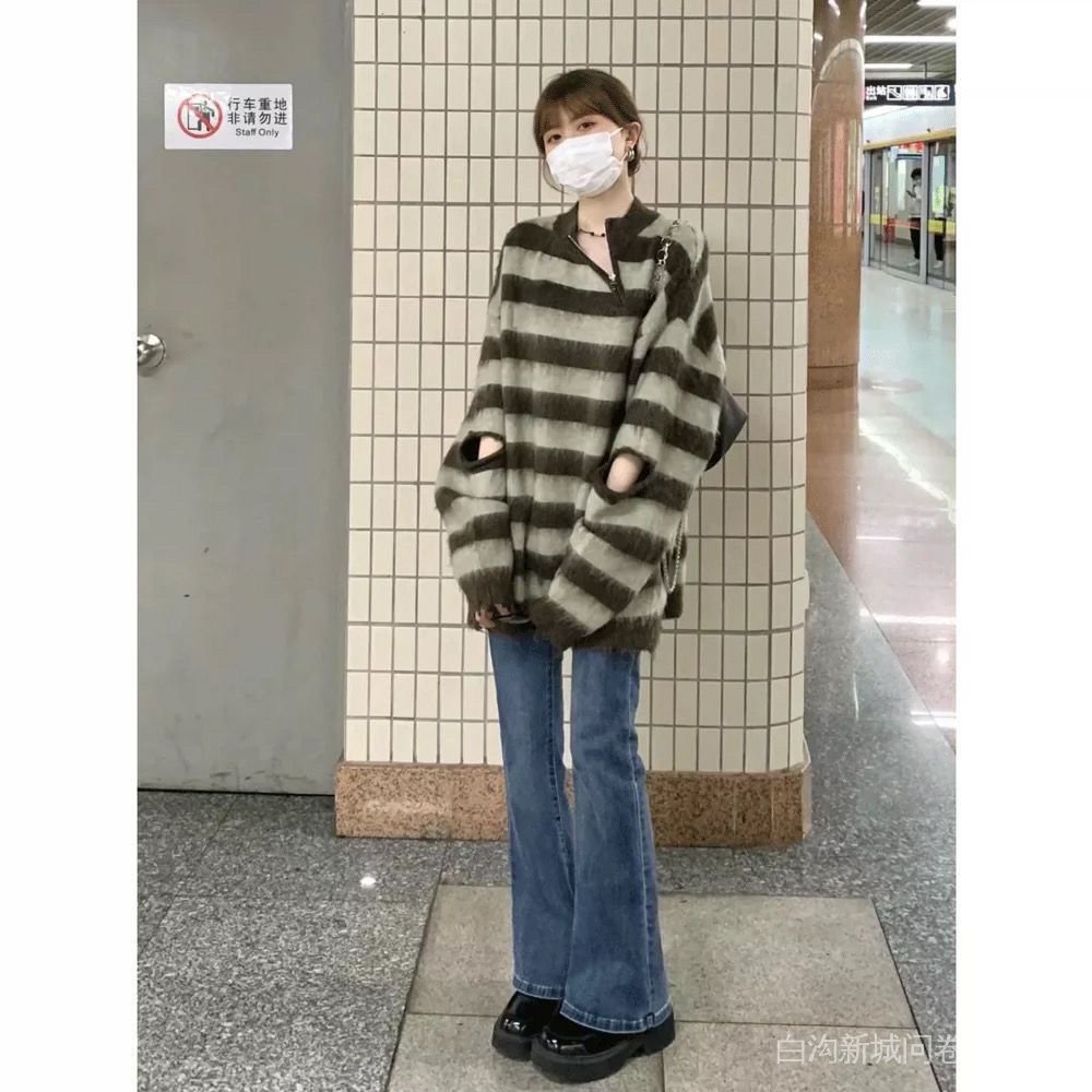 Áo Khoác Sweater Cao Cấp Dáng Rộng Kẻ Sọc Thời Trang Thu Đông Phong Cách Retro Nhật Bản Mới