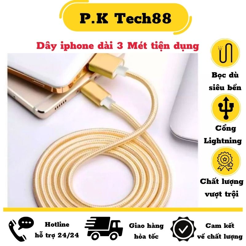 [Giảm giá] Dây Cáp SạclP, Dây Dù dài 3m Cho Phụ Kiện Tai nghe Bluetooth tai nghe ko dây táo i12 Cáp Sạc lPPin Dự Phòng