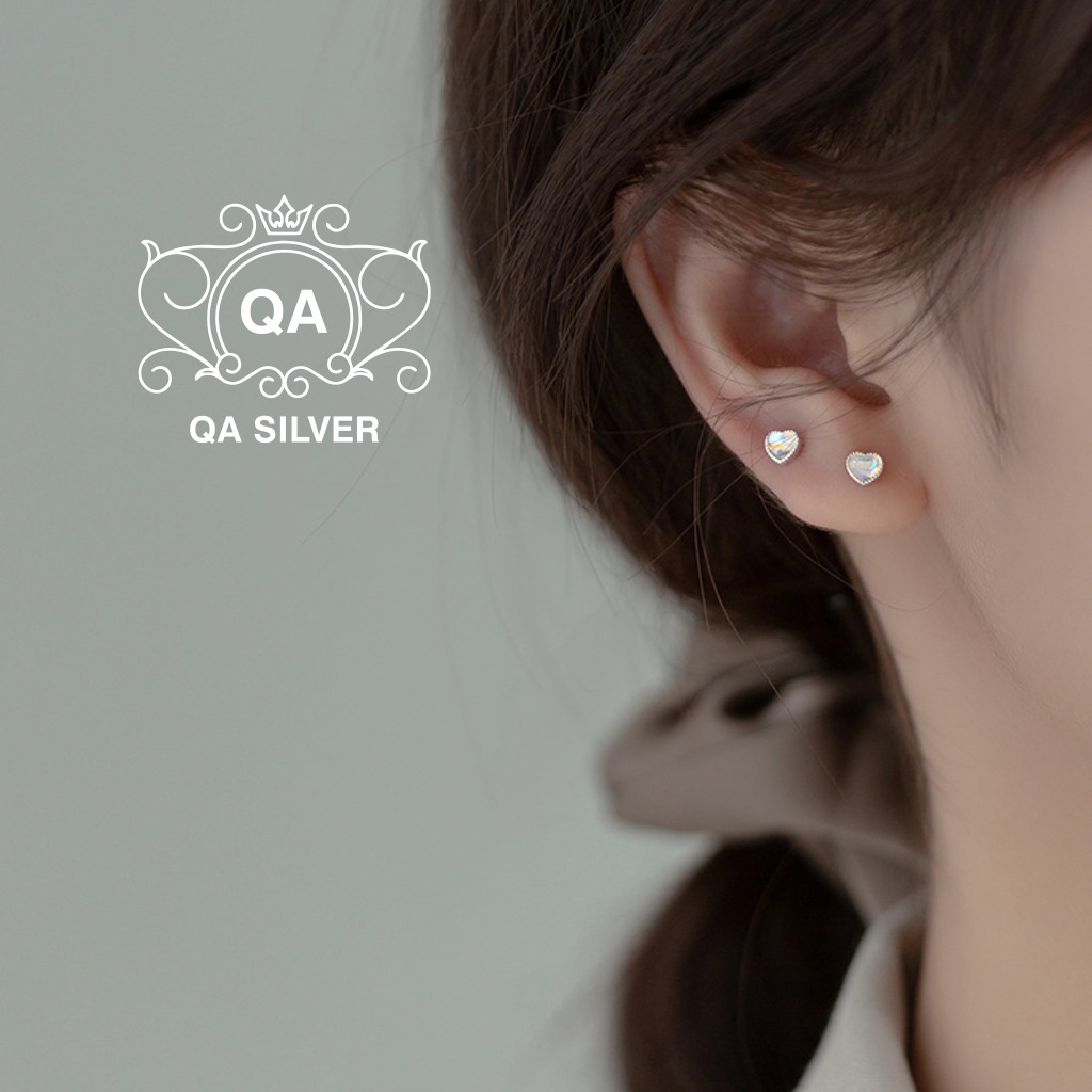 Khuyên tai bạc 925 trái tim đính đá chốt bi vặn ánh xà cừ bông nụ nam nữ S925 HEART QA SILVER Earrings EA220402