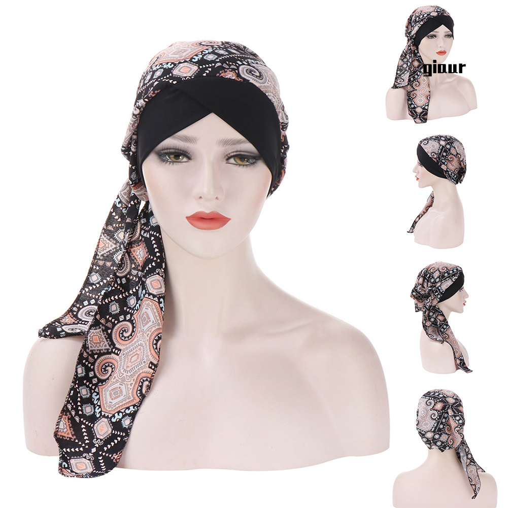 Mũ Turban Trùm Đầu Bằng Vải In Hoa Có Đuôi Dài Thời Trang Cho Nữ