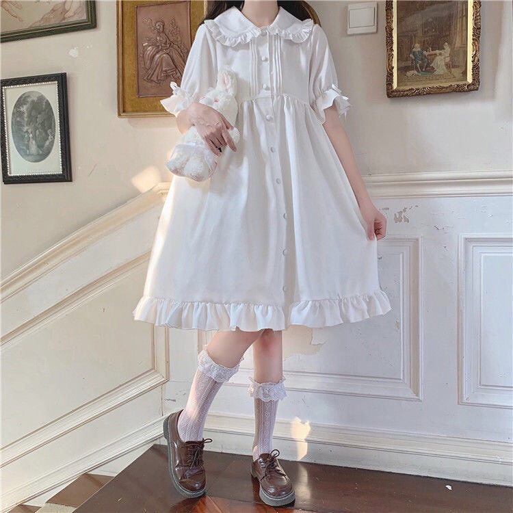 Váy babydoll dáng dài xòe vintage chất thô lụa mềm mịn cổ bẻ sen (màu trắng) GUUZ