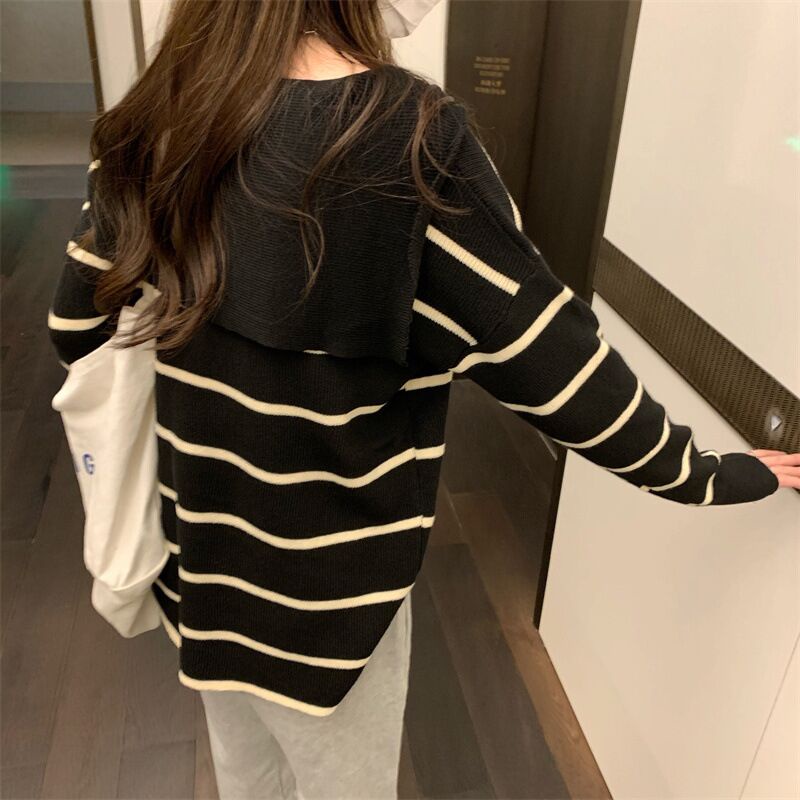 Áo len Zhelihangfei tay dài cổ thủy thủ họa tiết kẻ sọc dáng rộng dễ phối đồ
