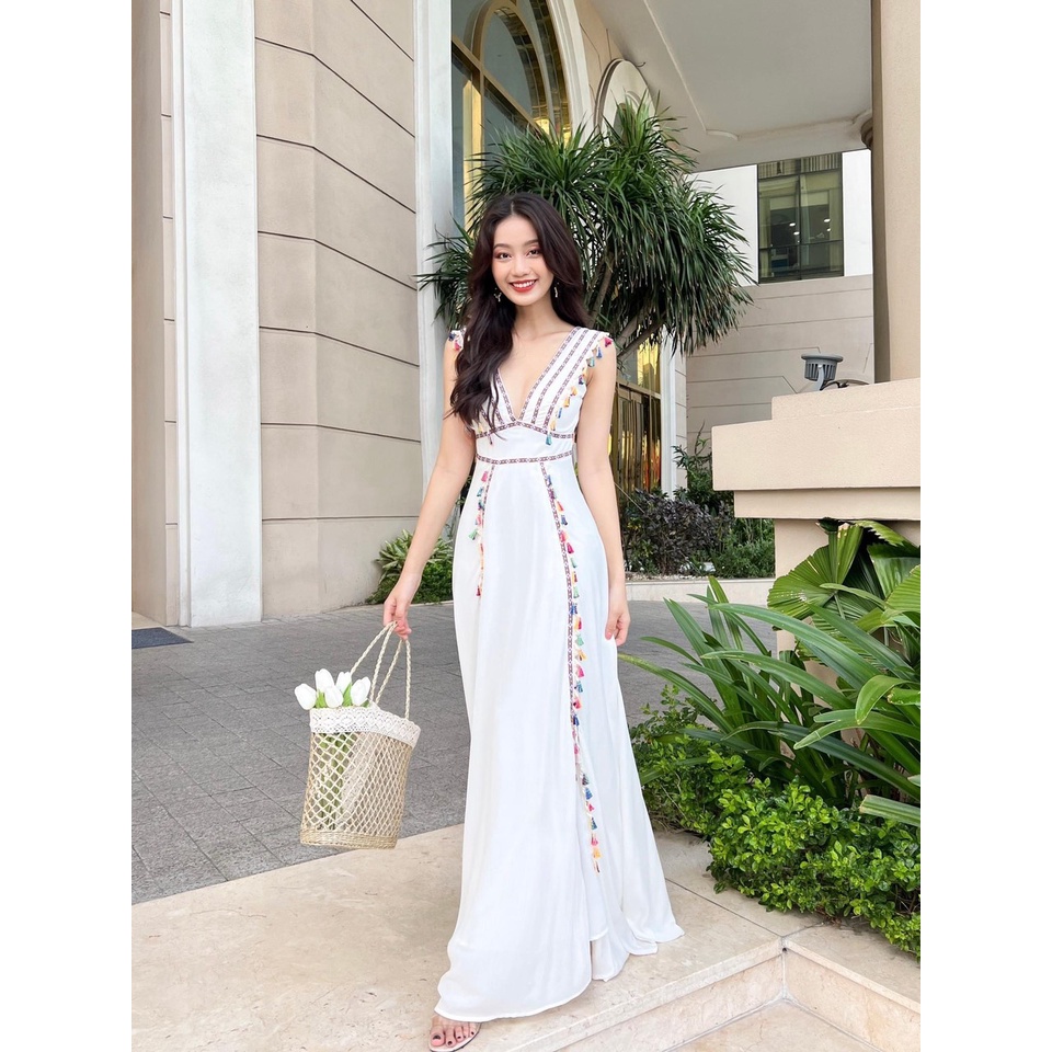 Maxi đi biển BOHO xẻ tà phối viền ren sắc xảo váy đi biển nữ du lịch sống ảo siêu sang XUKA-DRESS MT028 chất Đũi xinh