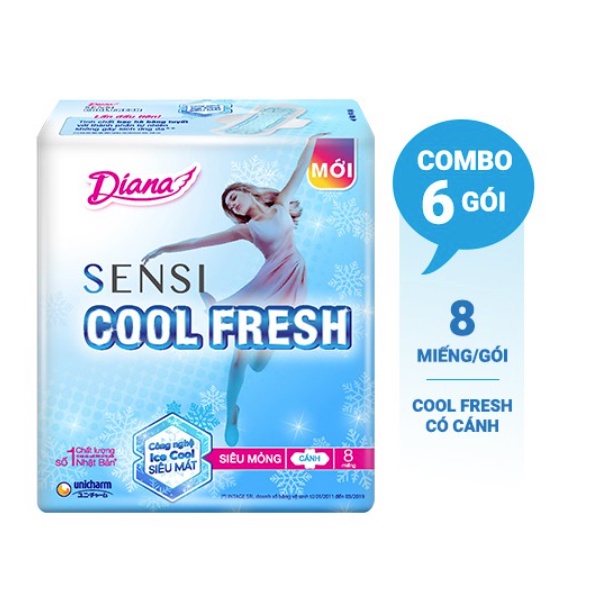 Bịch 6 gói 8 miếng Băng vệ sinh Diana SenSi Cool Fresh siêu mỏng cánh