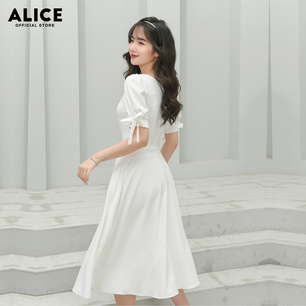 Đầm Thiết Kế Trắng Dự Tiệc ALICE Dáng Xòe Xếp Ly Cổ Vuông Tay Bồng Thắt Nơ Đính Cúc Ngực Trang Trí Thanh Lịch V678 | BigBuy360 - bigbuy360.vn