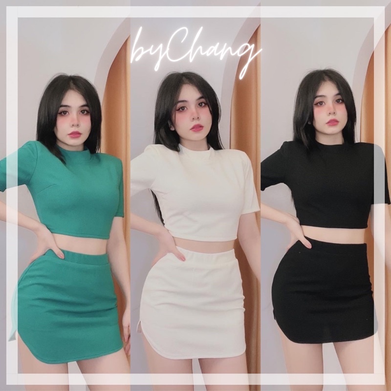 Set Đồ Nữ Thể Thao Áo Kiểu Chân Váy Trắng Đen Xanh Khoá Kéo  byChang