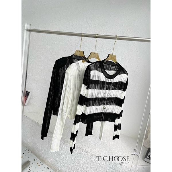 Xả hàng - Áo len mỏng lưới sợi kèm dây xích, Áo kiểu len dài tay kẻ ngang AL8821 - NhiNhi Shop