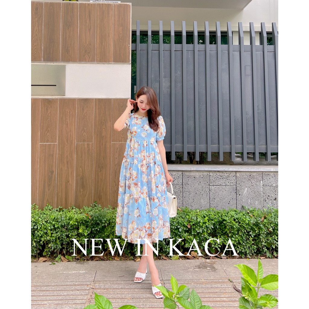 Váy hoa váy thiết kế Kate Dress với họa tiết hoa xanh, lót Habutai mềm, mịn - KACA