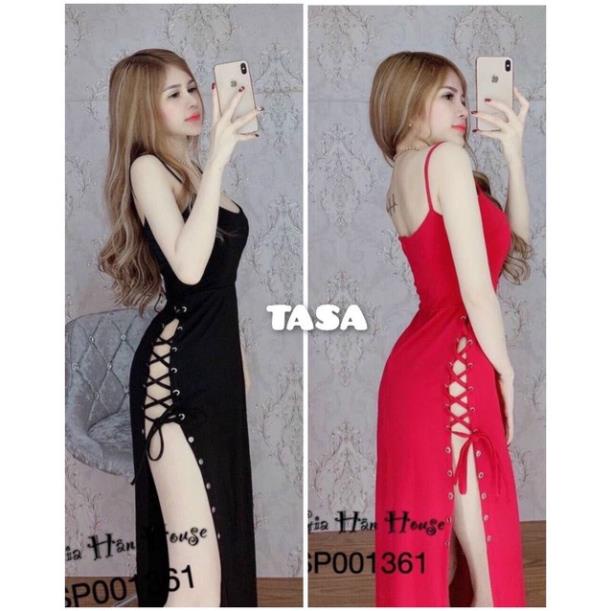 TBO-Ảnh thật,Đầm umi ôm body đan mắt cáo đính khuy cột nơ,váy nữ đan dây chéo 2 dây xẻ tà hở ngực đen,đỏ thời trang Tasa