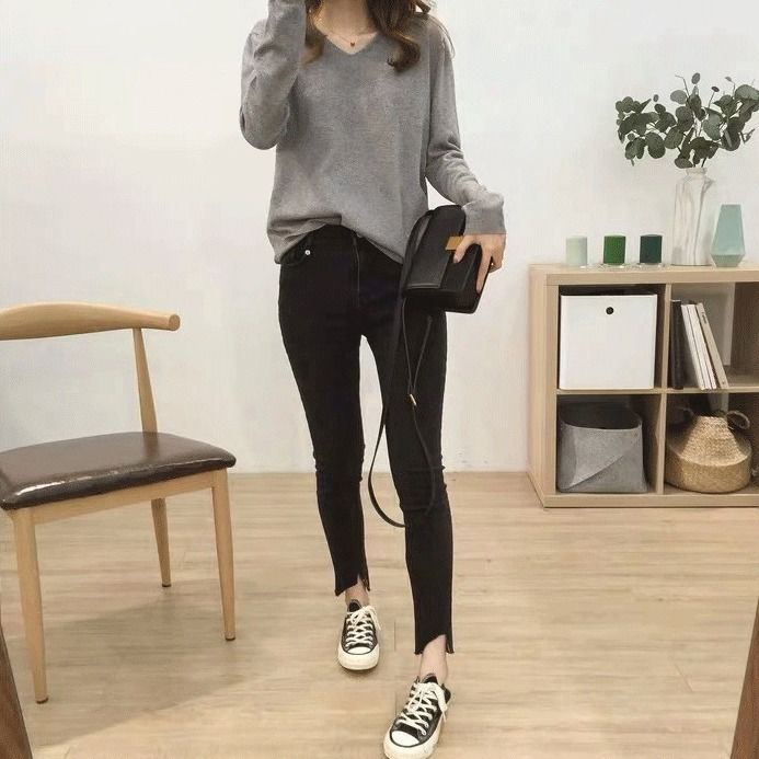 Áo Sweater Cổ V Dáng Rộng Màu Sắc Đơn Giản Thời Trang Xuân Thu Cho Nữ