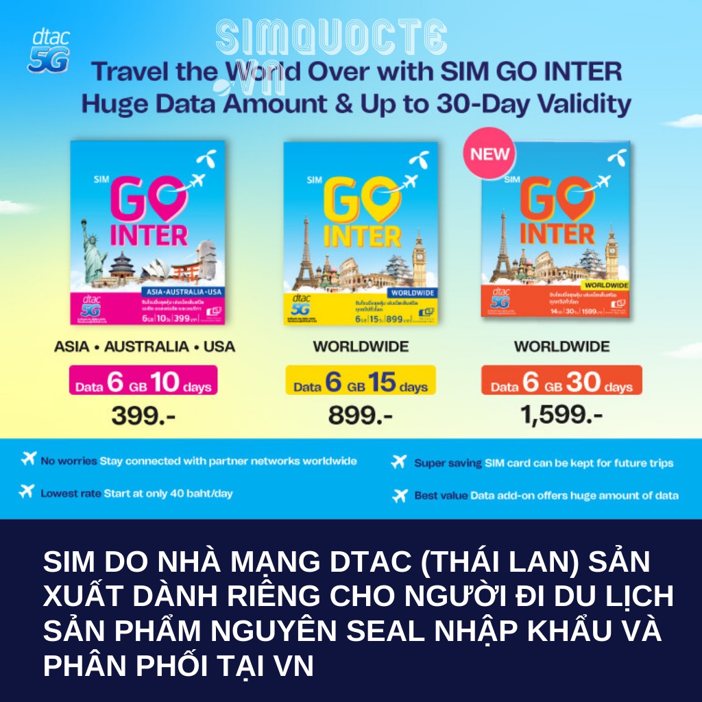 Sim Du Lịch 78 Nước Dubai Thổ Nhĩ Kỳ Ai Cập Châu Âu Châu Mỹ DTAC GO INTER