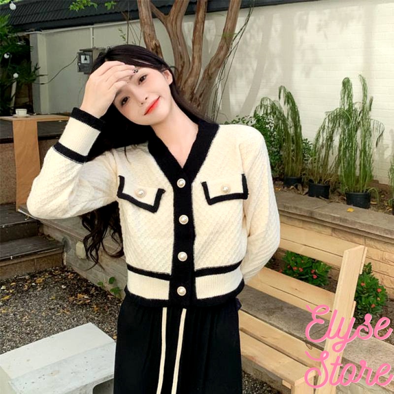 Áo khoác cardigan nữ tay dài Cadigan viền đen trắng Phong cách trẻ trung Hàn Quốc C-1