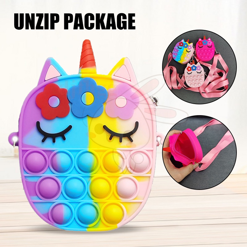 Túi Silicon đựng tiền xu đeo vai hình kỳ lân tích hợp đồ chơi ấn bong bóng vui nhộn dành cho trẻ em