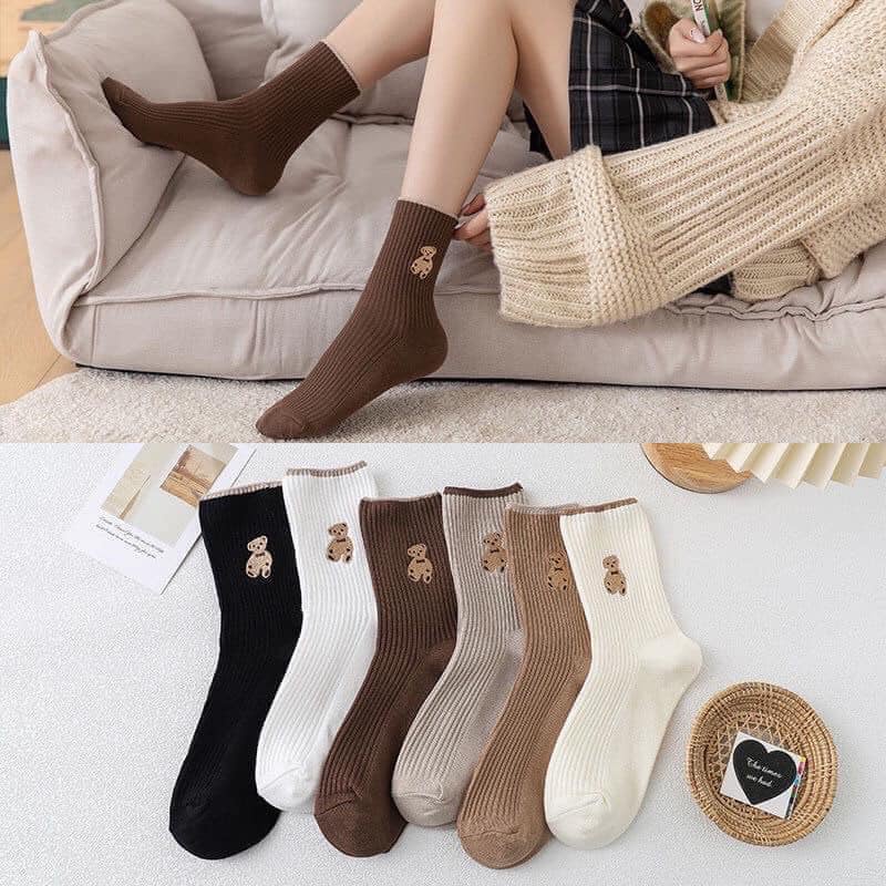 Set 4 đôi tất gấu nâu cổ cao vintage len tăm