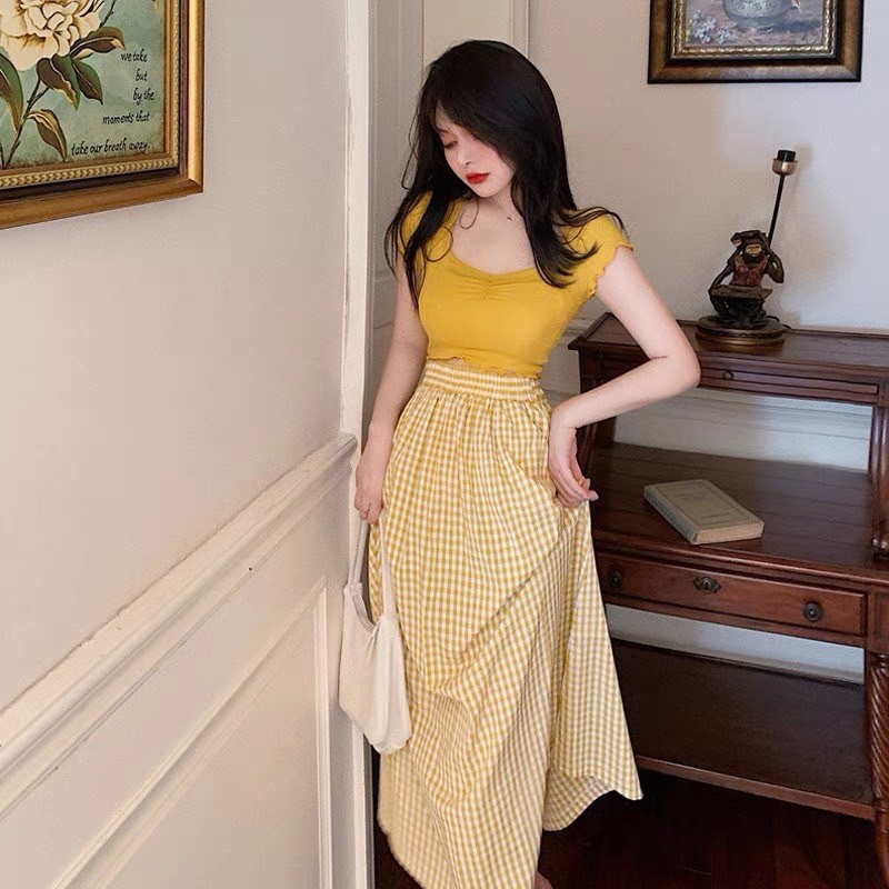 Set Váy Nữ, Set áo thun mix chân váy caro xoè hàng Qc loại 1 | BigBuy360 - bigbuy360.vn