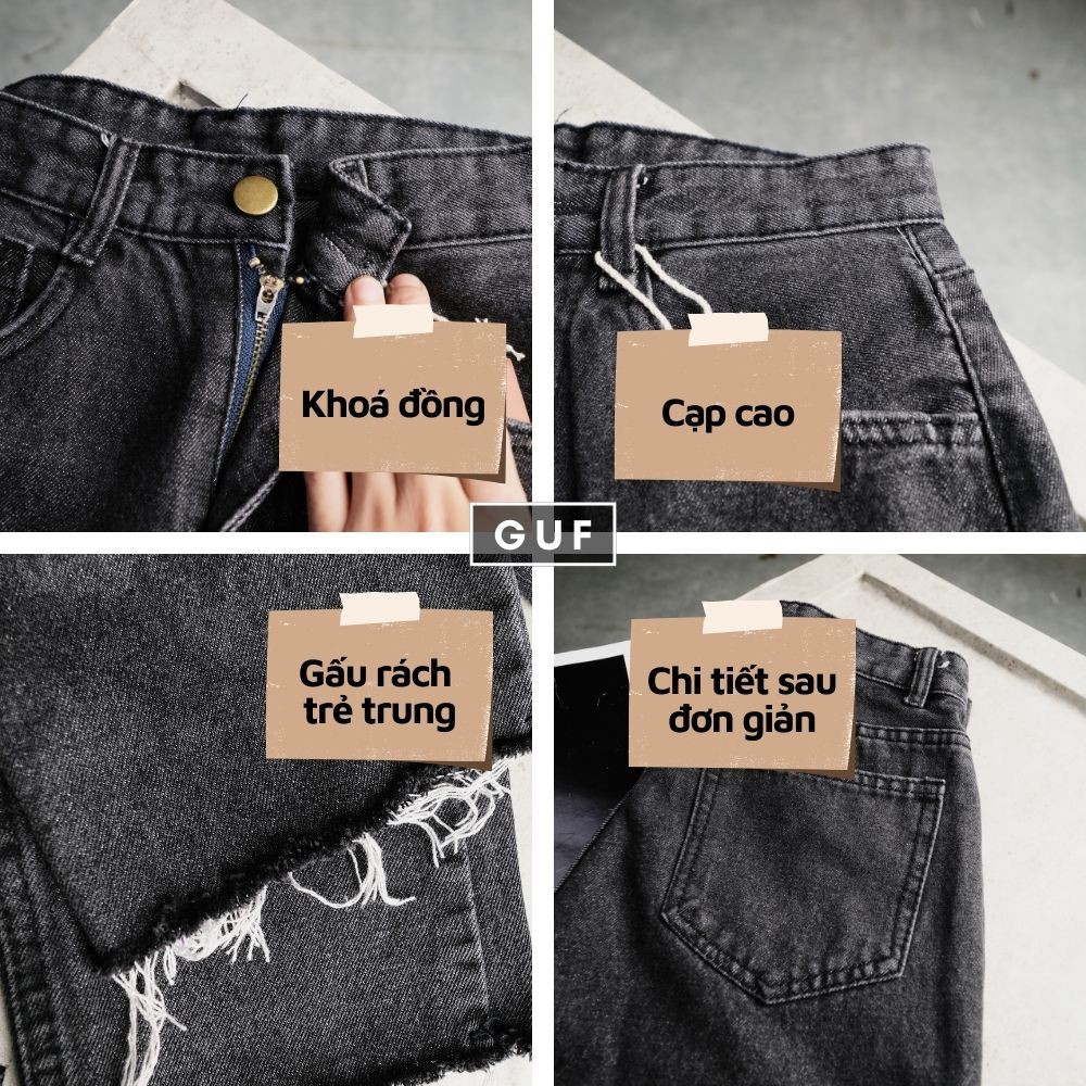 Quần Baggy Jean Nữ (Có Cả Bản Trơn Và Rách Gối) Cạp Cao Màu Đen Xám Khói Ôm Eo, Che Khuyết Điểm Thương Hiệu GUF | BigBuy360 - bigbuy360.vn