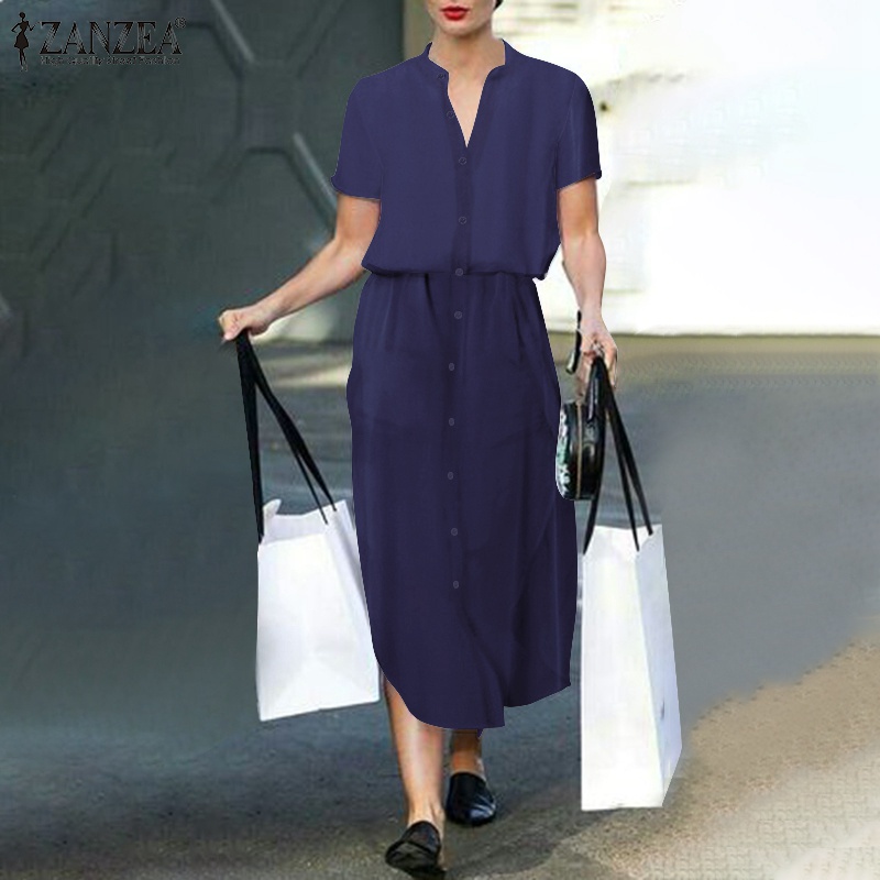 Đầm Zanzea màu trơn cổ tròn phong cách Châu Âu vintage dành cho nữ