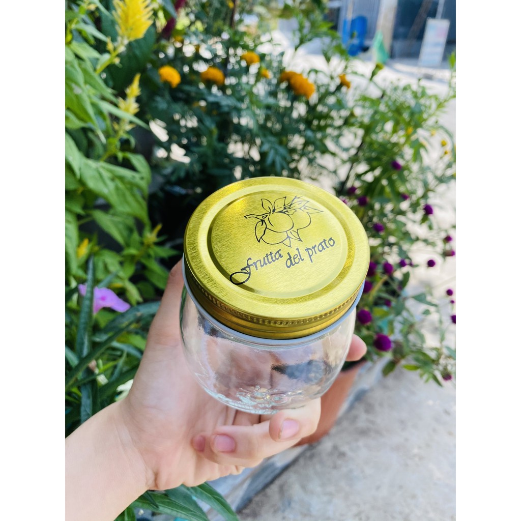 HỦ THỦY TINH IN HOA VĂN HÌNH TRÁI CÂY_NẮP NHÔM VÀNG IN HOA 350ML