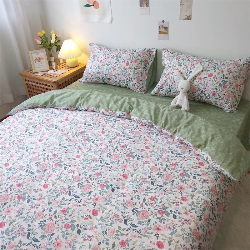 Ga gối cotton living, bộ chăn ga gối 4 món hoa nhí hàng nhập cao cấp mềm mịn MỚI
