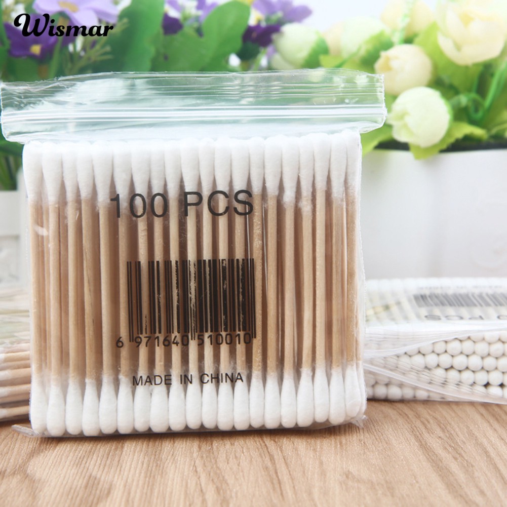 100 Tăm bông hai đầu bằng vải cotton để ráy tay trang điểm tiện lợi