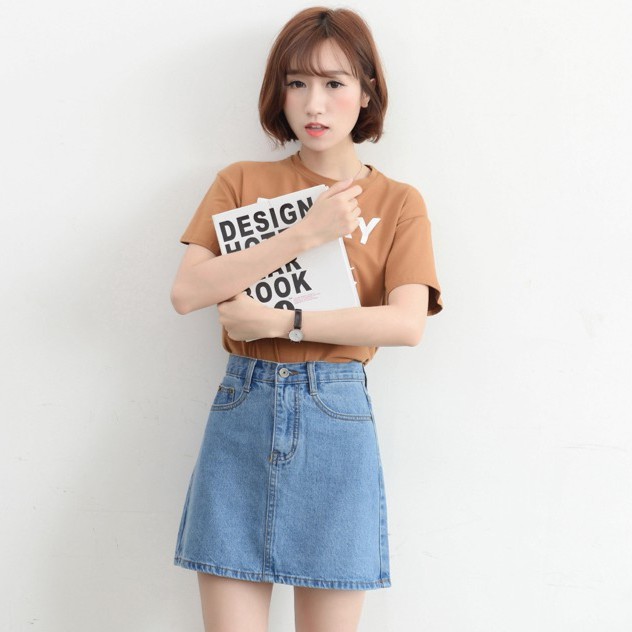 Chân váy SUXI denim dáng chữ A lưng cao phong cách retro