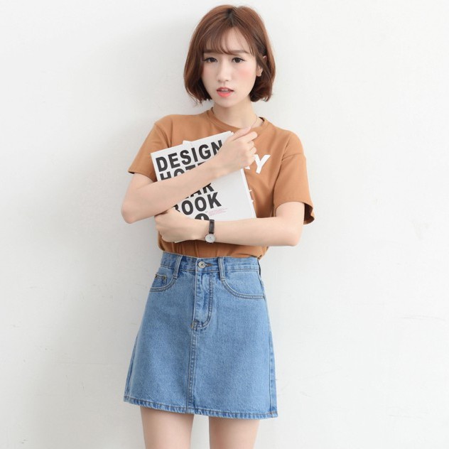 Chân Váy Denim Dáng Chữ A Lưng Cao Phong Cách Retro