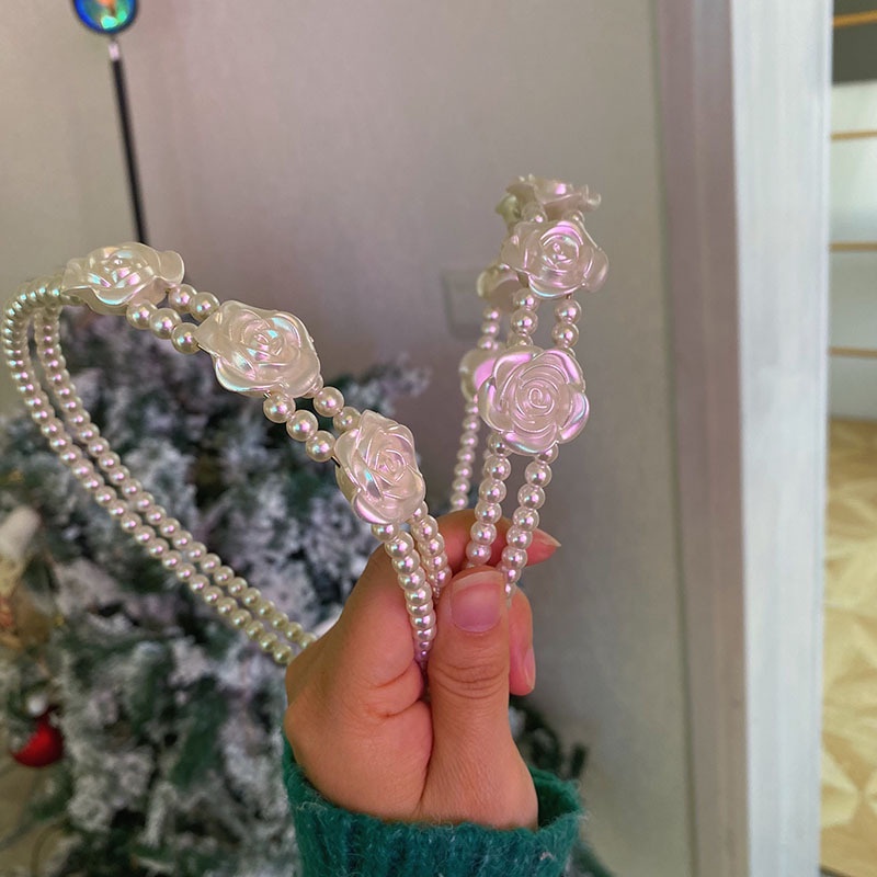 Băng Đô Cài Tóc Hai Lớp Đính Hoa Hồng Ngọc Trai Phong Cách Hàn Quốc Ngọt Ngào Cho Nữ