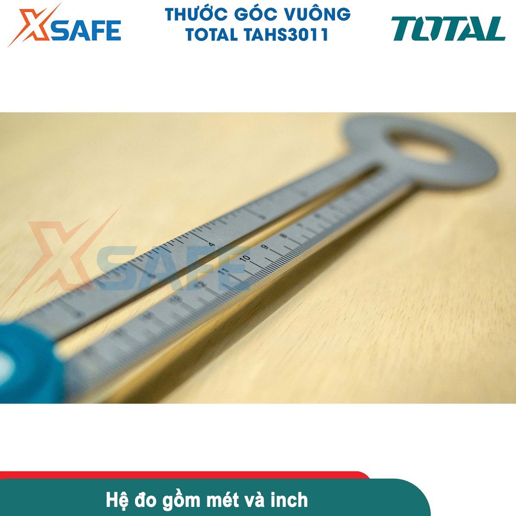 Thước góc vuông TOTAL TAHS3011 chiều dài 300mm, nhựa PC và sợi thủy tinh, có mực nước thủy cân bằng, hệ đo mét và inch