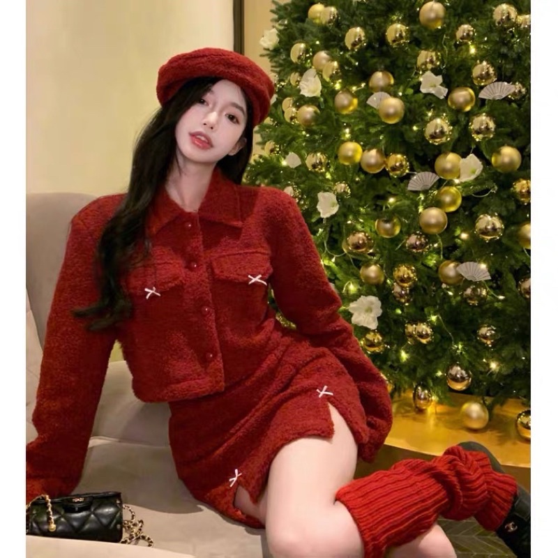 Set ao bông lông cừu mix chân váy chữ A xẻ tà 2 bên đính nơ