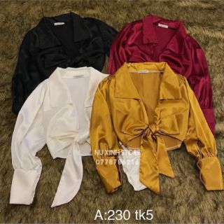 Áo crop top đắp chéo kiểu sơ mi thắt nơ lưng