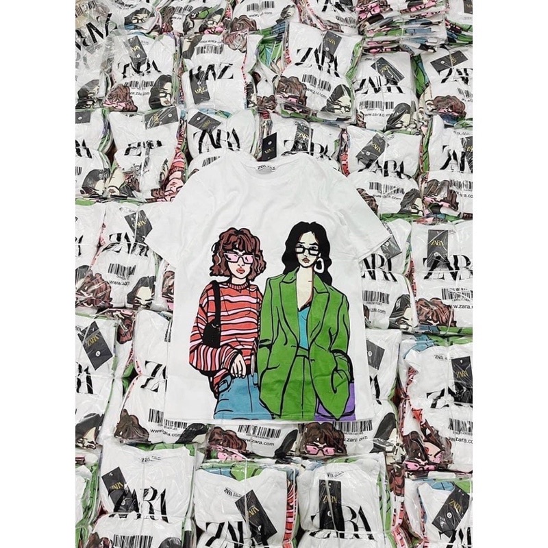 Áo Phông Nữ Hình 2 Cô Gái Dáng Rộng Cộc Tay