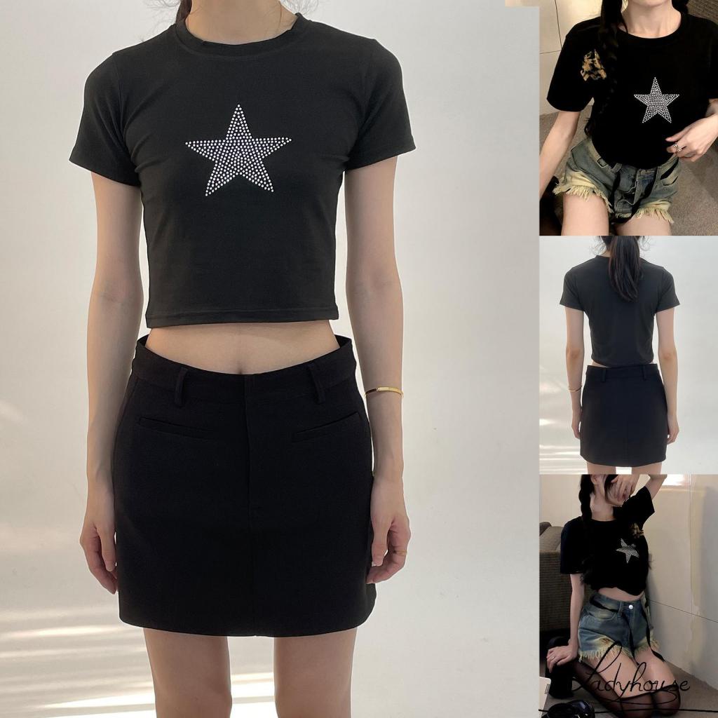 Áo Thun Crop Top Tay Ngắn Màu Đen In Hình Ngôi Sao Đính Đá Phong Cách Đường Phố Mùa Hè Cho Nữ