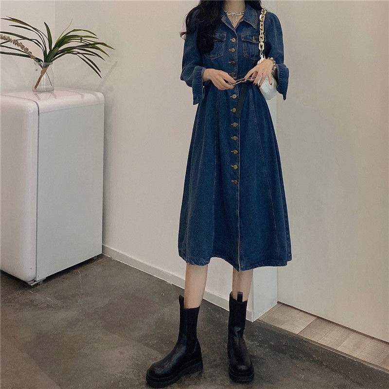 Đầm Denim Dáng Chữ a Tay Dài Ôm Eo Phong Cách Cổ Điển Thời Trang Mùa Xuân Mới 2022