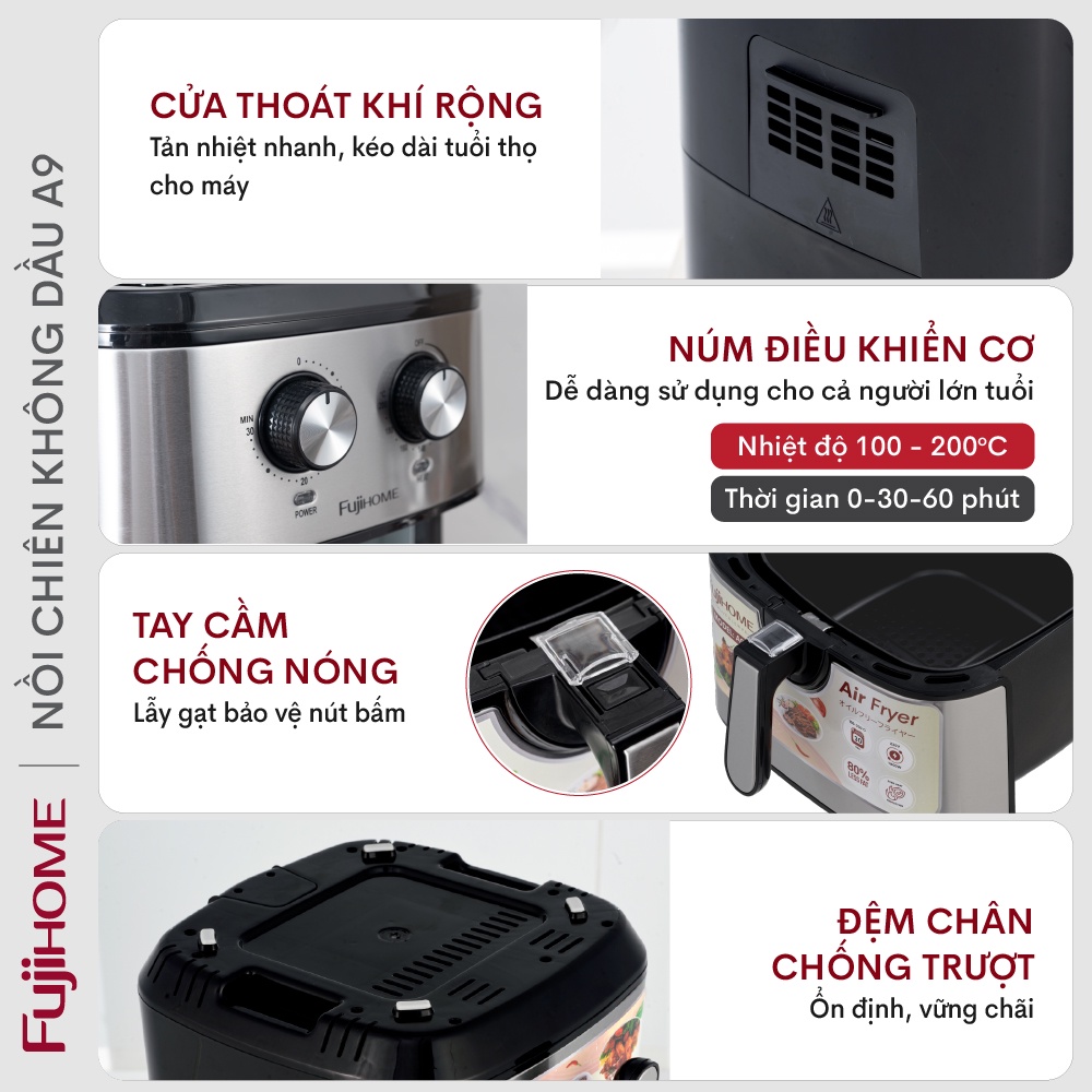 Nồi chiên không dầu 9.2L Nhập Khẩu Nhật Bản Fujihome tự ngắt tặng kèm gắp, Nồi chiên không khí cơ không hơi nước 9 lít