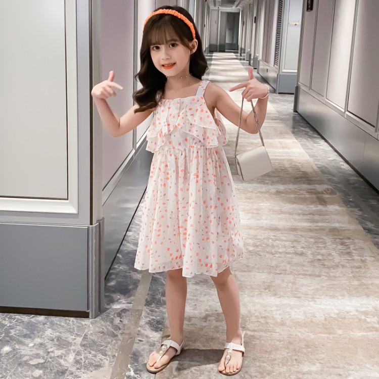 New girls' small dresses, boutique Korean children's clothing, big boys and girls, color dot chiffon dresses, lovely temperament, comfortable, cool and breathable