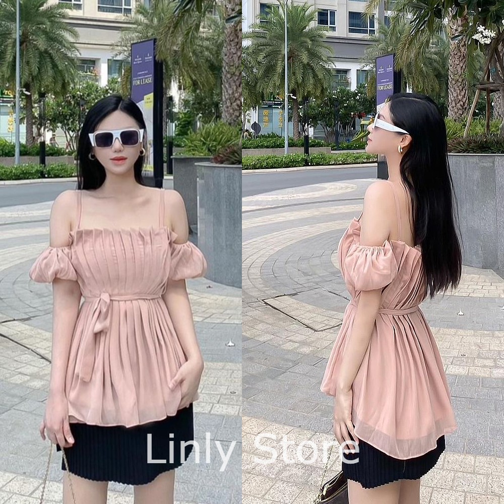 Áo kiểu nữ ngắn tay chất dập ly [2 lớp] Croptop hở vai tiểu thư siêu xinh - Trễ vai tay bồng chất tơ cao cấp A-2DL