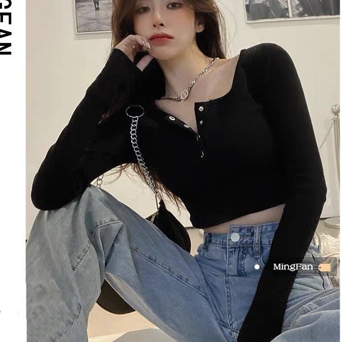 ÁO BẤM TAY DÀI A4 CROPTOP thun gân co giãn - A4BTD