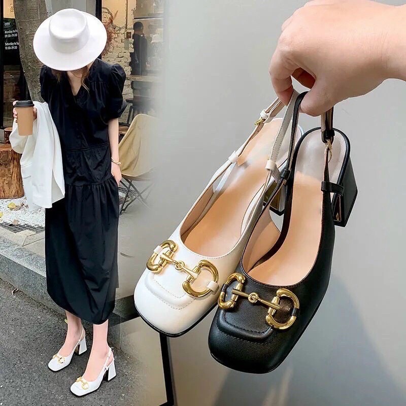 Giày Cao Gót 6p Bít Mũi Vuông Phối Khoá