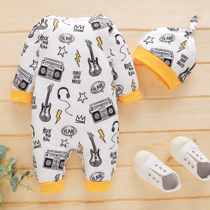 Áo liền quần MIKRDOO vải cotton tay dài in họa tiết ngôi sao kèm nón dễ thương cho bé trai