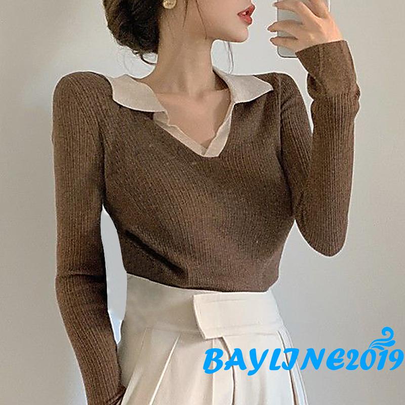 Áo dệt kim tay dài cổ chữ V thời trang cho nữ