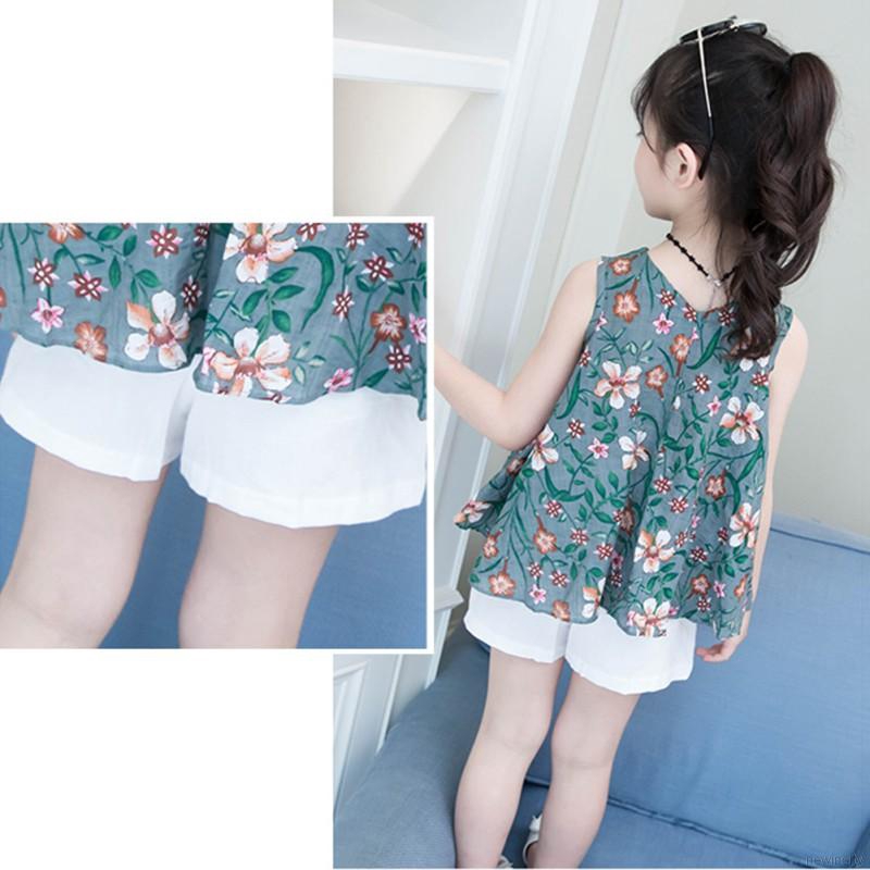 Bộ áo sát nách in hoa + quần ngắn màu trắng cho bé gái