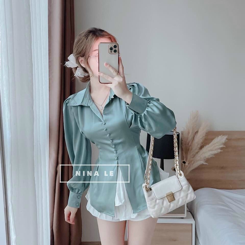 Áo sơ mi nơ lưng cúc bọc tôn eo dáng xoe áo sơ mi nữ công sở MIVOSA SM006