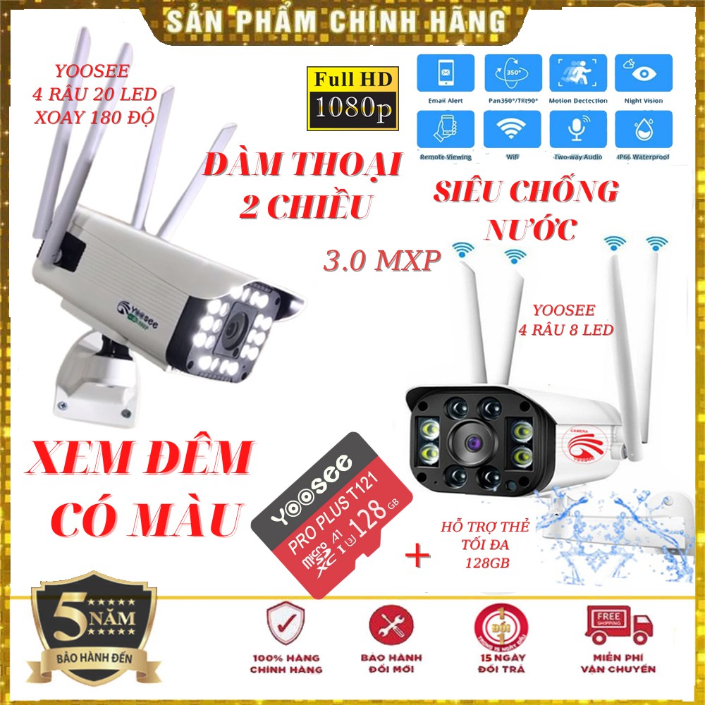 Camera wifi ip Yoosee ngoài trời 3.0 MPX thân quay 4 râu 20 led và yoosee 4 râu 8 led (xem đem có màu) FulHD 1296 Pixel