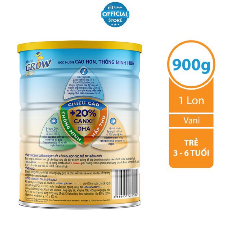 Sữa Bột Abbot Grow 3+ 900g Date 7/2024
