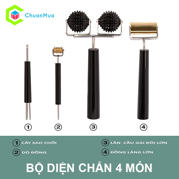 Bộ Dụng Cụ Diện Chẩn 4 Món Bùi Quốc Châu Loại 1 ( Cây Lăn Massage, Nhấn Huyệt Điện Chấn, Lăn Cầu Gai Đôi, Lăn Đồng,.. )