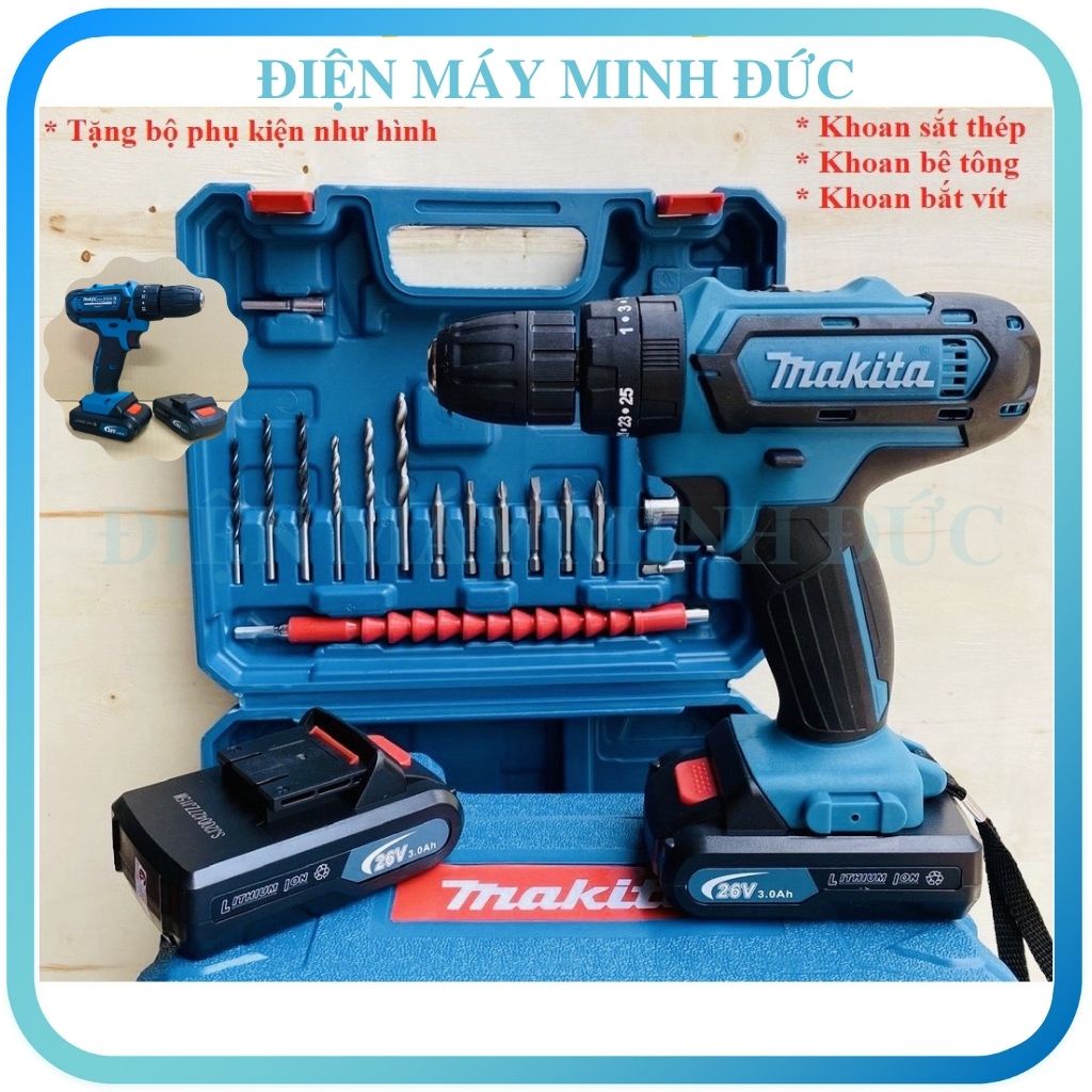 Máy khoan pin cầm tay mini bắn bắt siết ốc vít bulong Makita 26V 3 chức năng có khoan búa kèm bộ phụ kiện 24 chi tiết