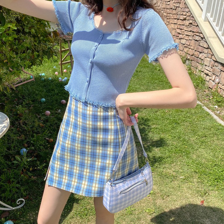 Xiaozhainv Áo croptop dệt kim ngắn tay phong cách gợi cảm cho nữ