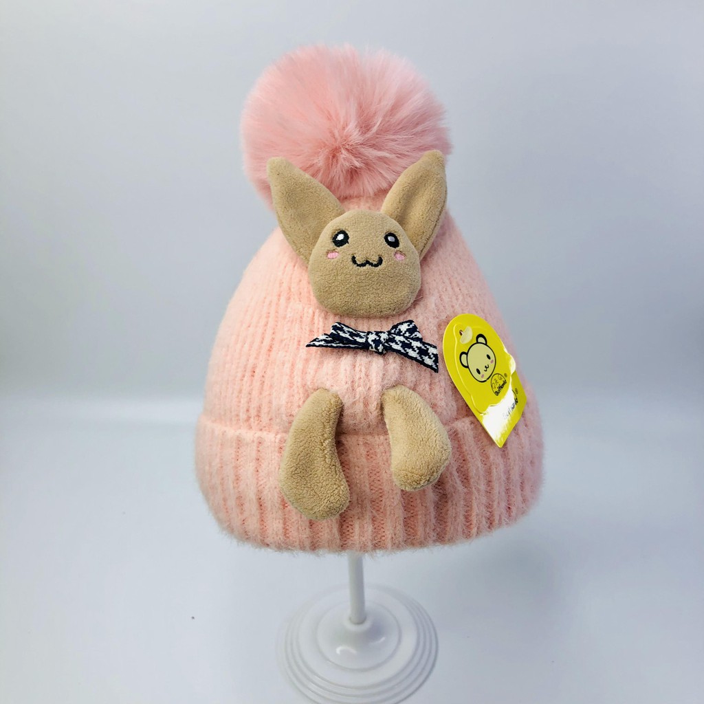 Mũ beanie, nón len cho bé hình thỏ có quả bông cực yêu, siêu ấm áp